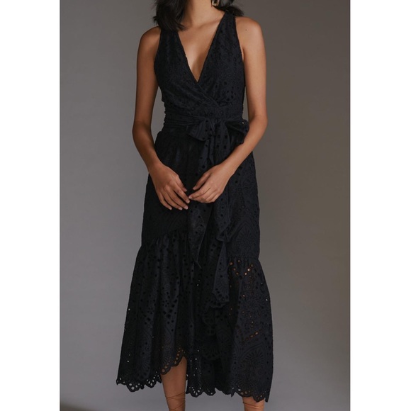 Anthropologie Maeve Eyelet Wrap Midi Dress Black ANTHRO NEW Summer party Maxi - Picture 3 of 9